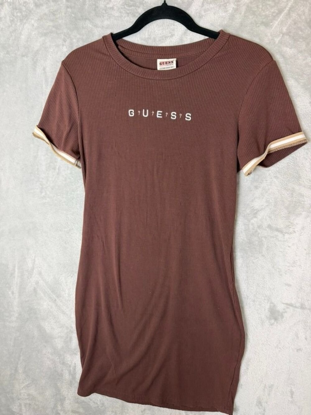 Vintage GUESS ORIGINALS Dress Womens‎ Large Brown Ribbed Logo Short Sleeve Y2K